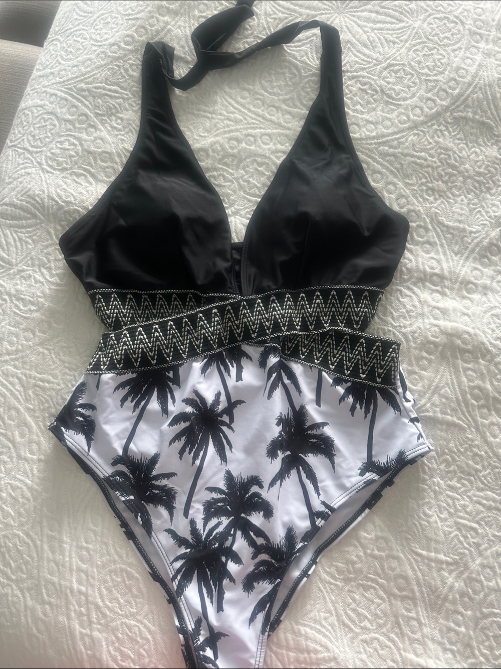Black Halter One-Piece Swimsuit with Palm Print